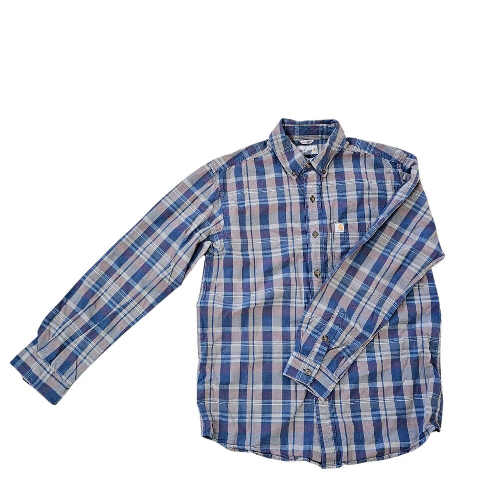 Carhartt 104444 Relaxed Fit Plaid Shirt L/S Cotton Poplin Blue Gray Sz M